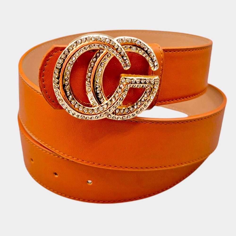 DOUBLE OPEN CIRCLE ACCENT FASHION RHINESTONE EMBELLISHED BELT | CAMEL / GOLD